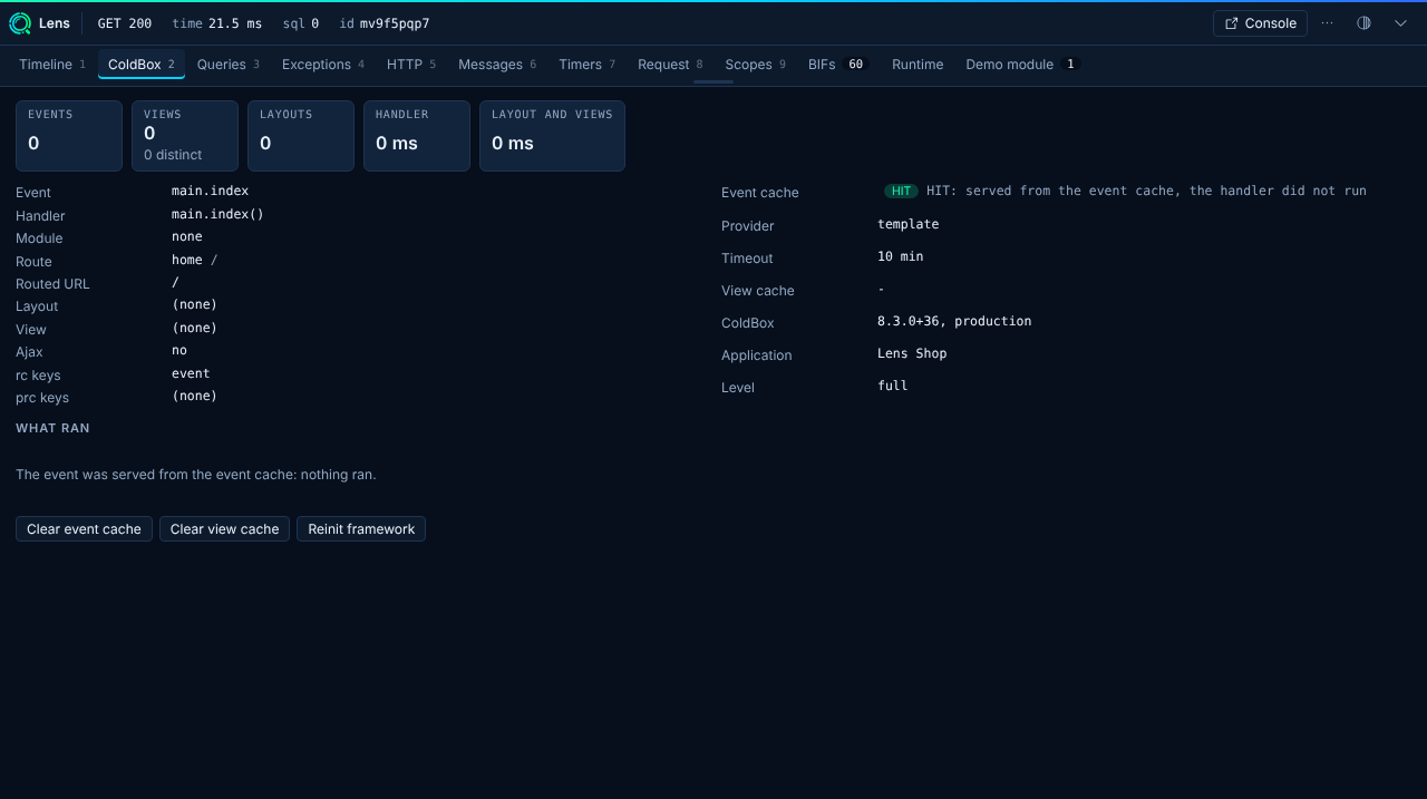 The ColdBox tab for an event served from the event cache