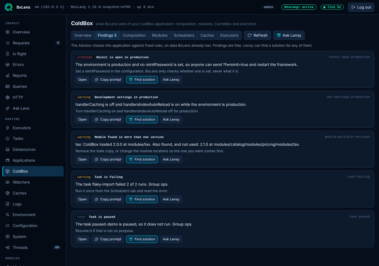 The Findings tab of the ColdBox page