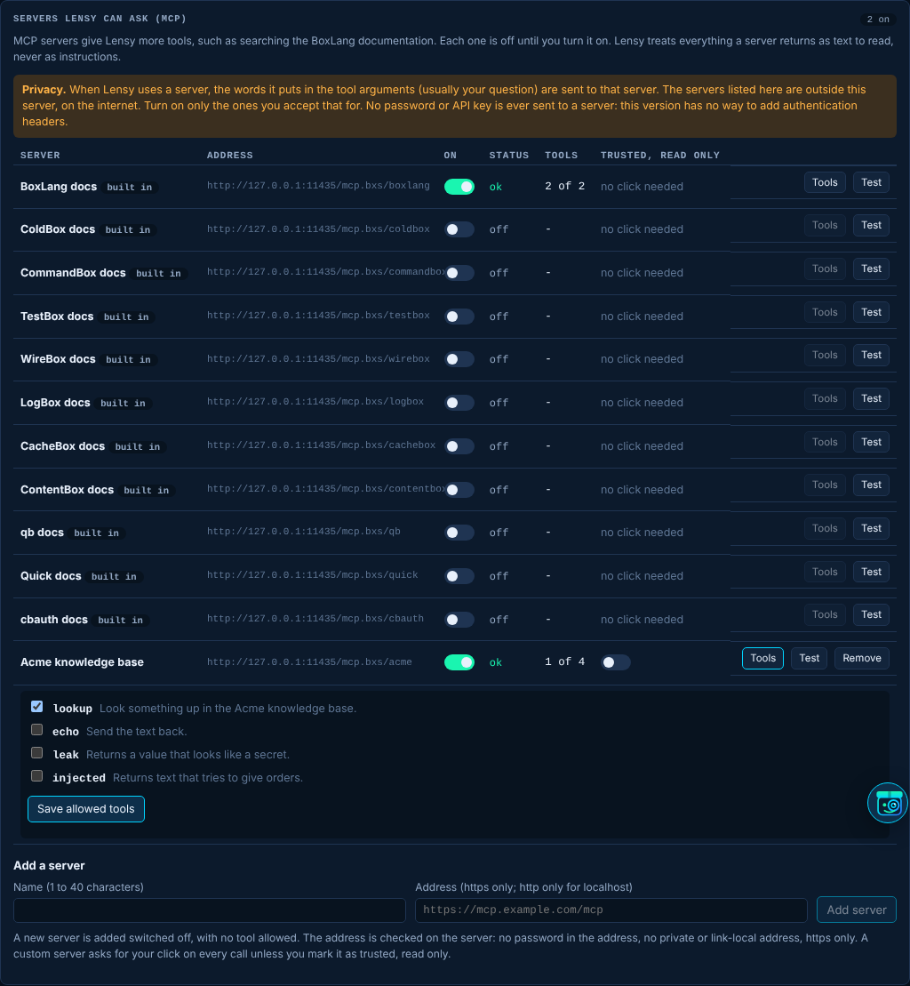 The MCP servers table on the AI page