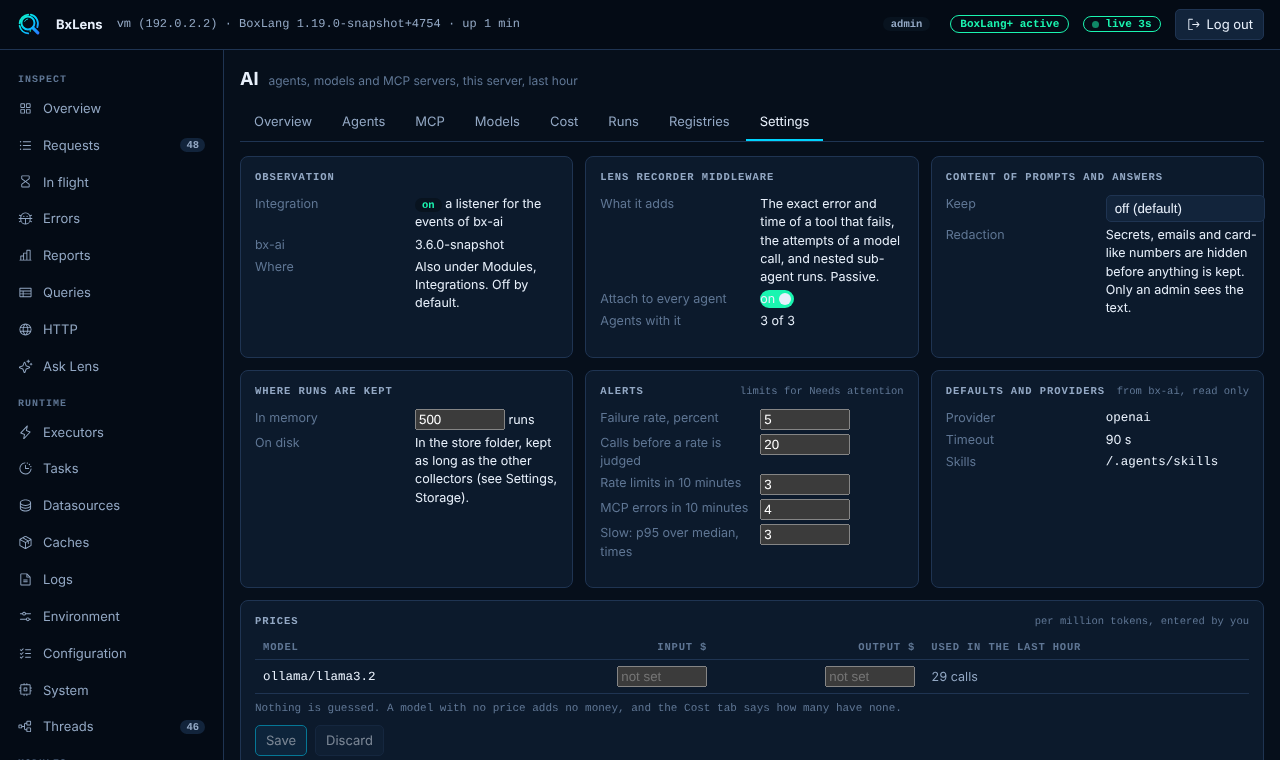 The Settings tab: recorder, content capture, limits and prices