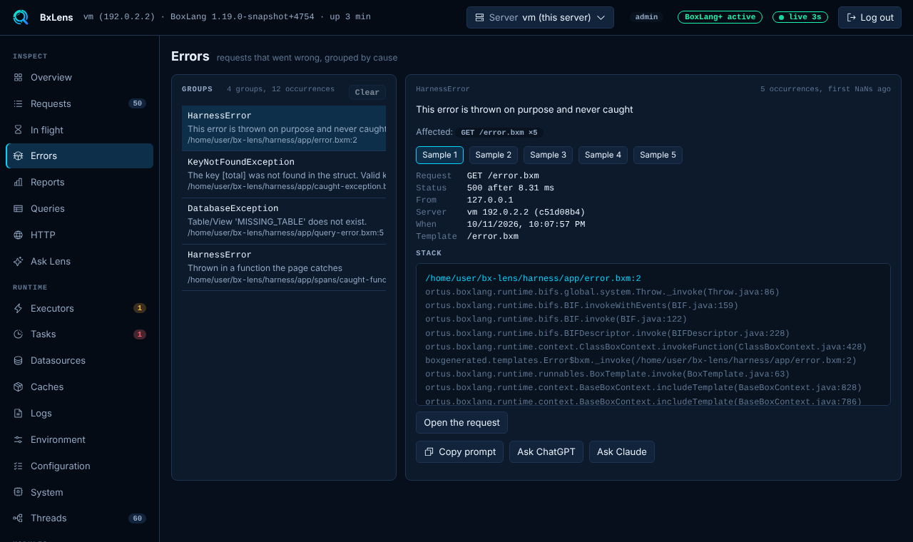 The Errors page with grouped exceptions