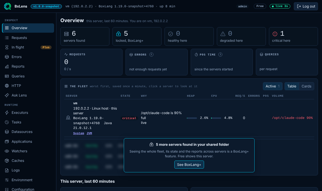 The Overview on Free: this server in full, the others blurred behind an upgrade card
