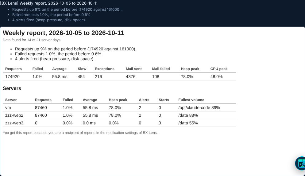 A weekly report preview with totals and a table per server