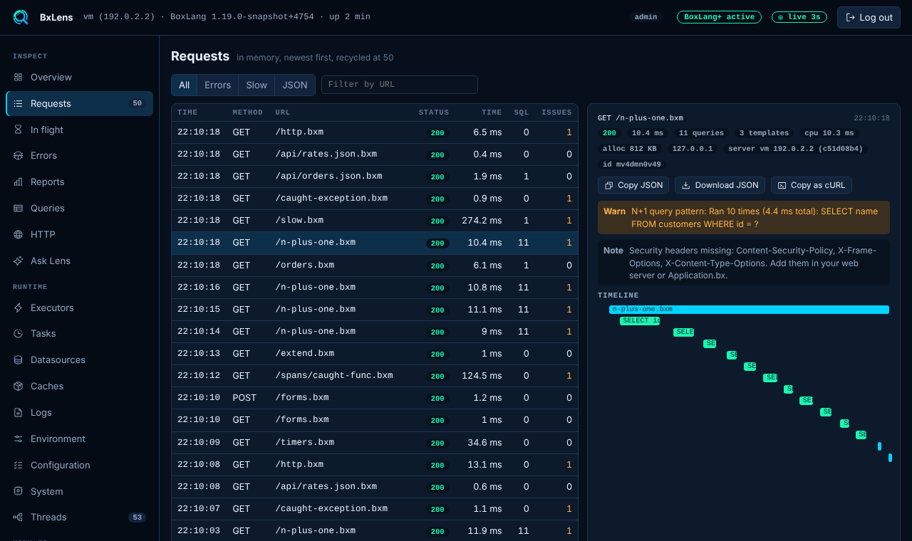 The console Requests page with a live list of requests