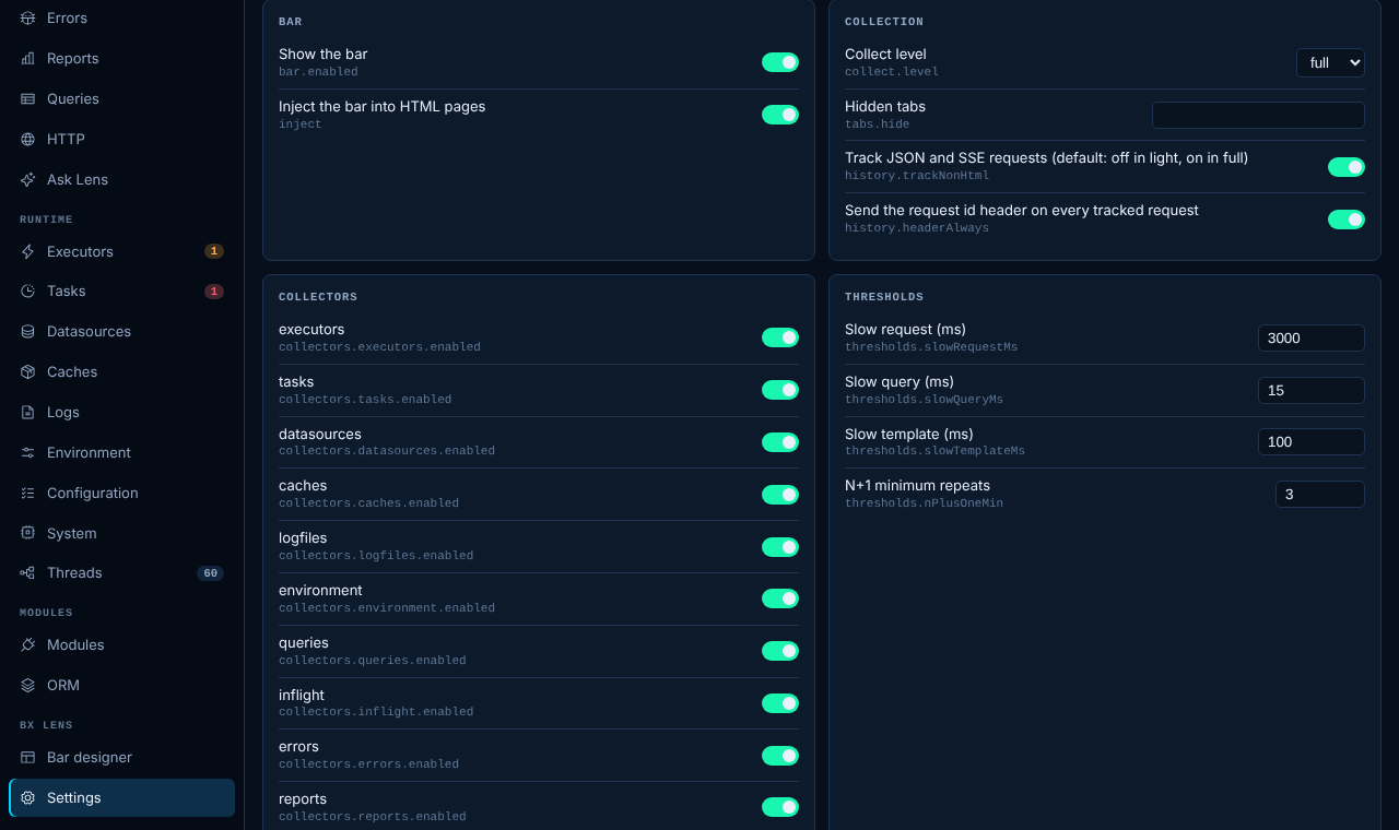 The Settings page