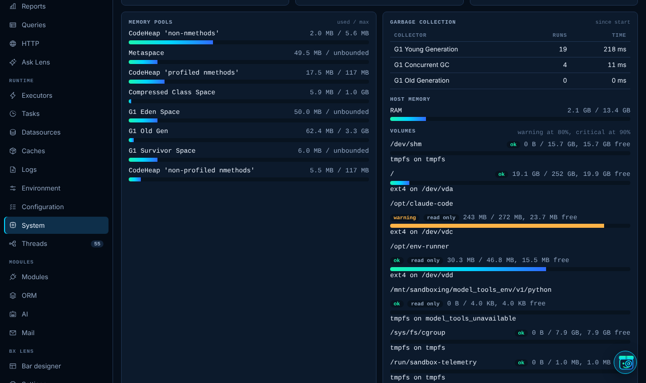 The System page with disk volumes and the folders Lens uses