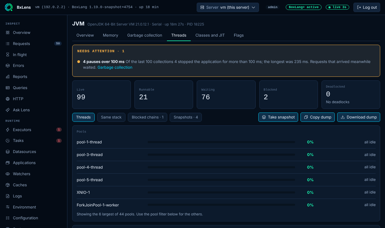 Threads: pools, badges, CPU now and the stack of a thread