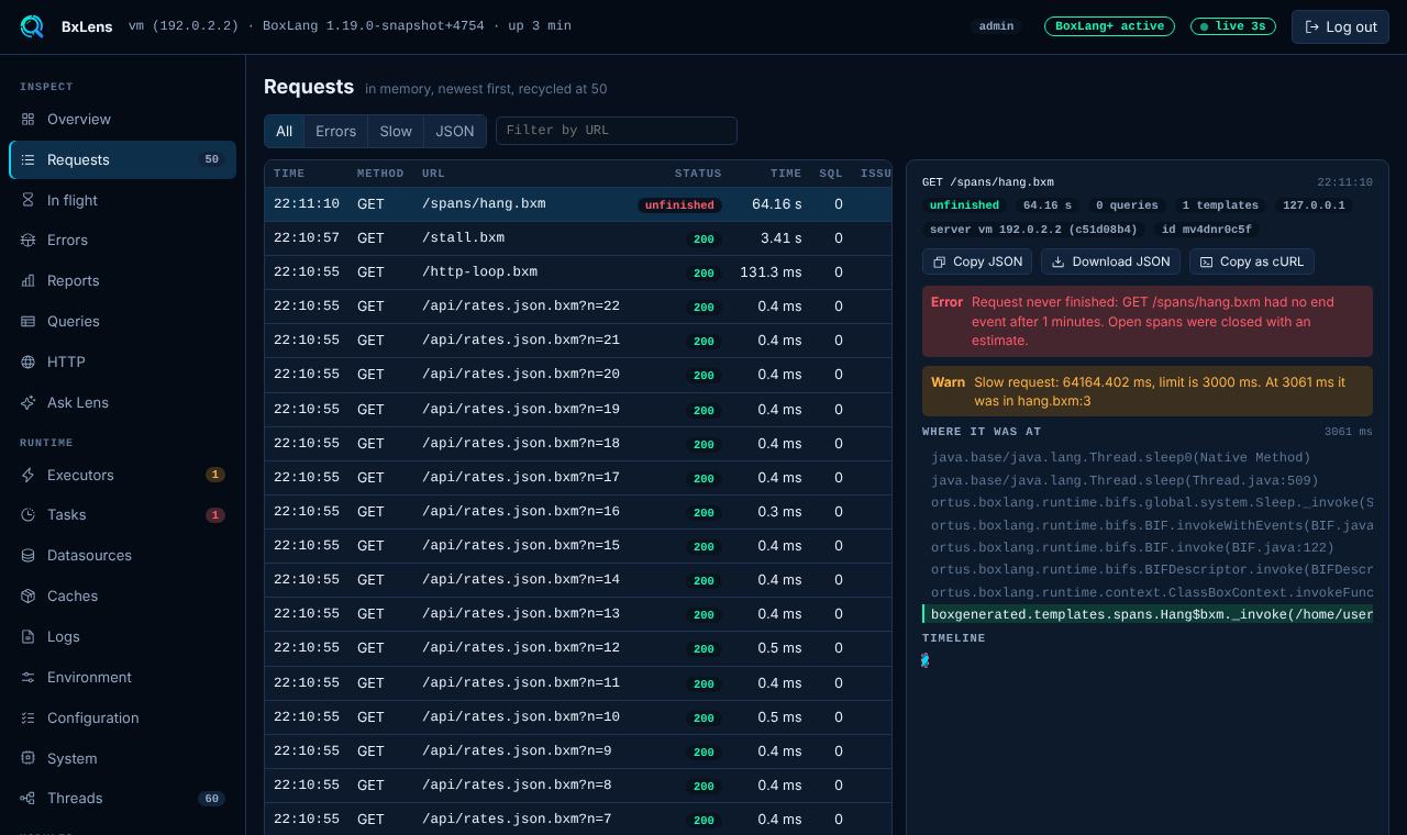 An unfinished request in the console