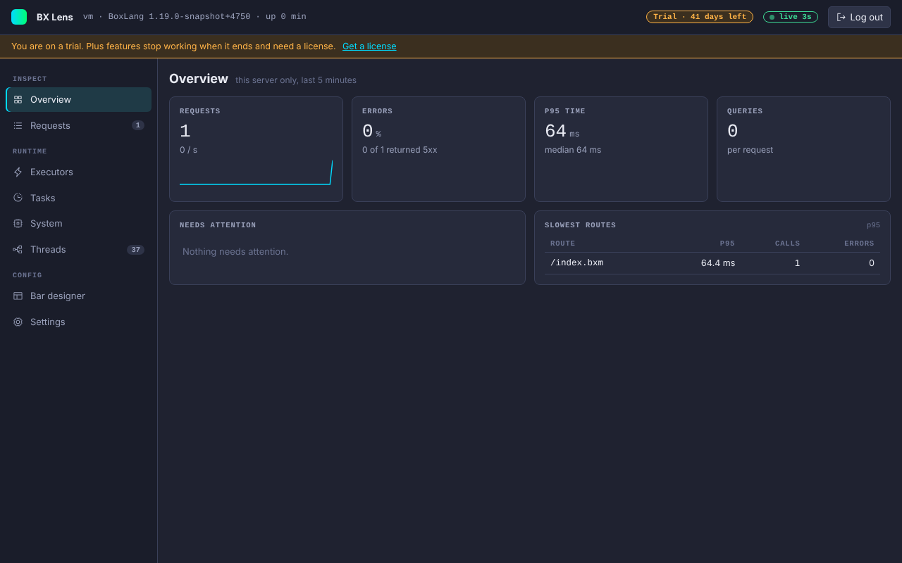 The trial banner in the console