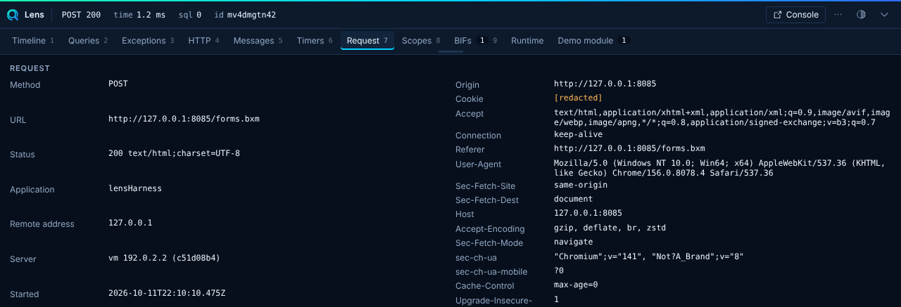 The Request panel after a form post