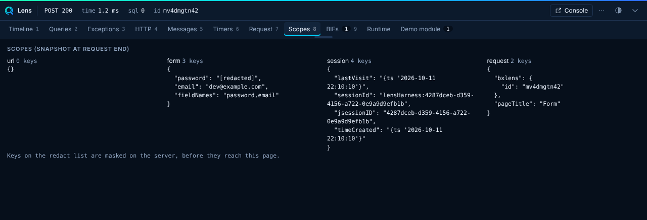 The Scopes panel with a redacted password field