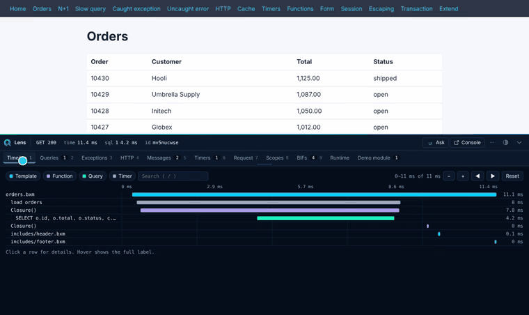 An animated tour of BX Lens: the bar, errors, disk volumes, all servers, mail, alerts and Lensy